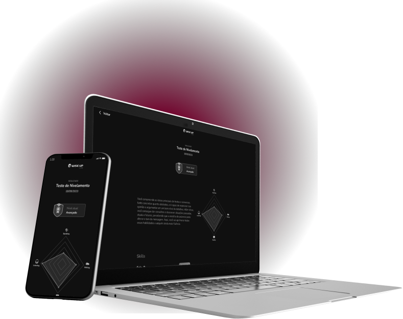 Computador e celular exibindo resultado do teste de inglês da Wise Up