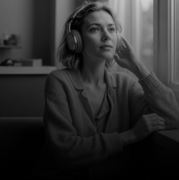 Mullher com Headset escutando áudio