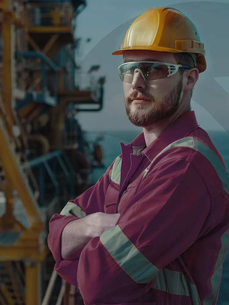 Homem branco com barba, capacete amarelo, óculos de proteção e uniforme vermelho, posa para a foto de braços cruzados com o corpo levemente direcionado par ao lado esquerdo enquanto olha fixamente para a câmera. Ao fundo, parte da plataforma de petróleo à esquerda com o oceano à direita.